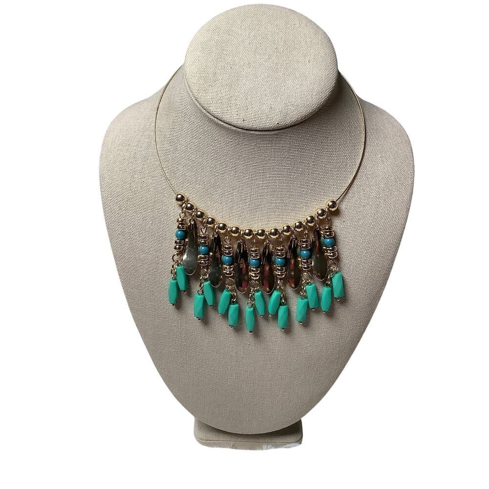 NY Gold Tone Turquoise Beaded Fringe Statement Choker Bib Necklace Boho F11-7